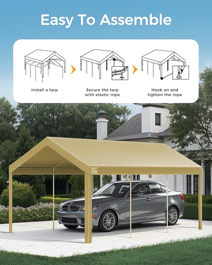 Heavy Duty 12x20FT Carport Replacement Canopy Cover, Waterproof UV Protected Tarp Replacement Top for Carport Frame with Ball Bungees, Car Garage Shelter (Khaki, Top Cover Only)