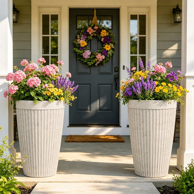 20" Resin Tall Planters for Outdoor Plants,Set of 2 Vintage Ivory Large Flower Pots with Handmade Fluted Texture,Heavy-Duty and Weather-Resistant for Porch Christmas Decor,Garden, Patio