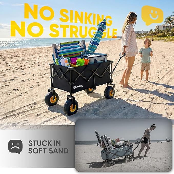 Sekey Heavy Duty Beach Wagon with 9" Big Sand-Proof Wheels – 600lb Capacity, 200L Oversized Foldable Cart | Adjustable Handle & All-Terrain Tires for Sand, Camping, Groceries