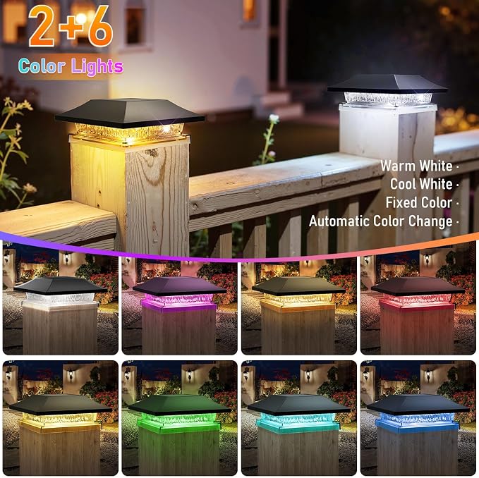 2 Pack Solar Post Cap Lights, Outdoor Fence Solar Powered Cap with 4 Lighting Modes Waterproof Light Decorative for Deck Patio or Garden Decor, Fits 4x4 Wood Vinyl Posts