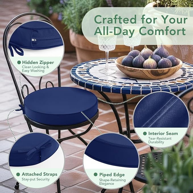 Summsun Outdoor Bistro Chair Cushions Set of 2, 15" D x 3" H Round Chair Cushions Waterproof and Fade Resistant Chair Cushion Pads with Non-Slip Ties and Removable Covers for Garden, Navy Blue