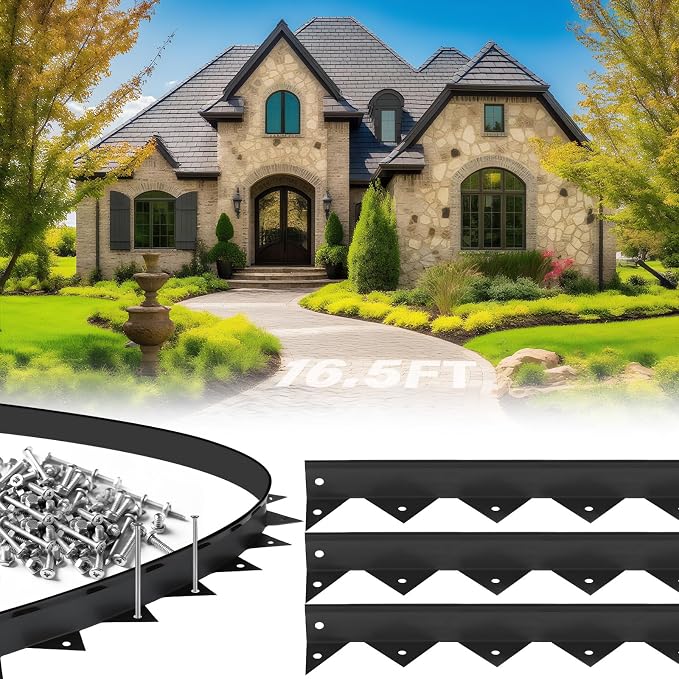 Pushglossy 5 Pcs 16.5 ft Metal Paver Edging with Spikes for Paver Projects 39.4" L x 1.2" H Black Bendable Metal Strips Yard Landscape Lawn Edging Border Pathway Divider for Lawn, Garden, Yard