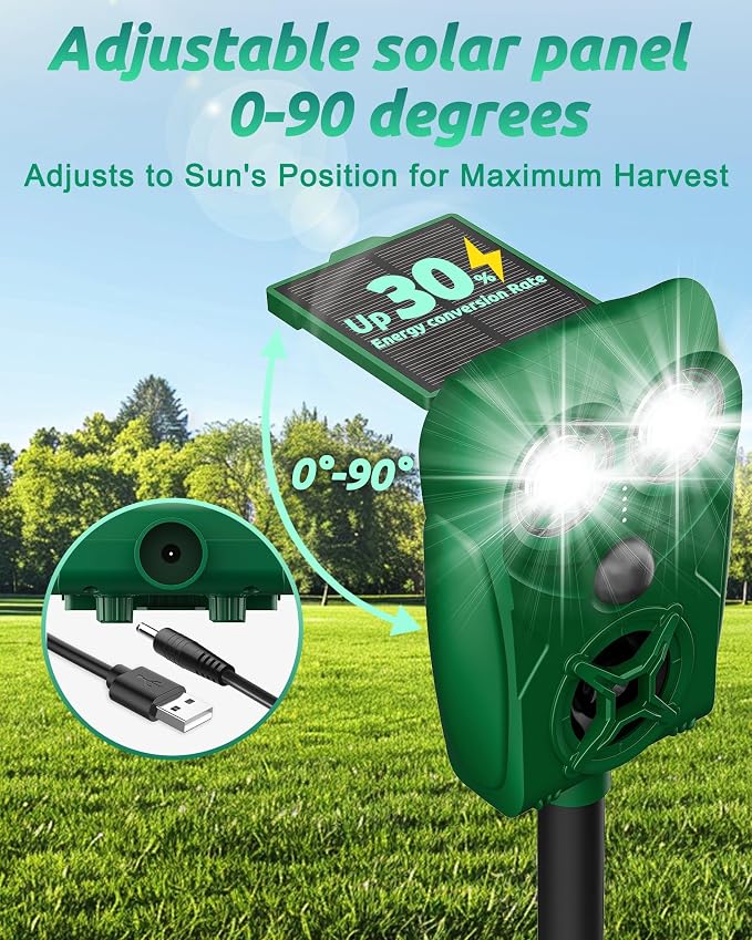 Solar Animal Repellent Ultrasonic Deer Deterrent - 2 Pack Waterproof Adjustable Large Solar Panel with Power Indicator, Motion Sensor & Outdoor Animal Repeller to Deter Cat, Coyote, Raccoon