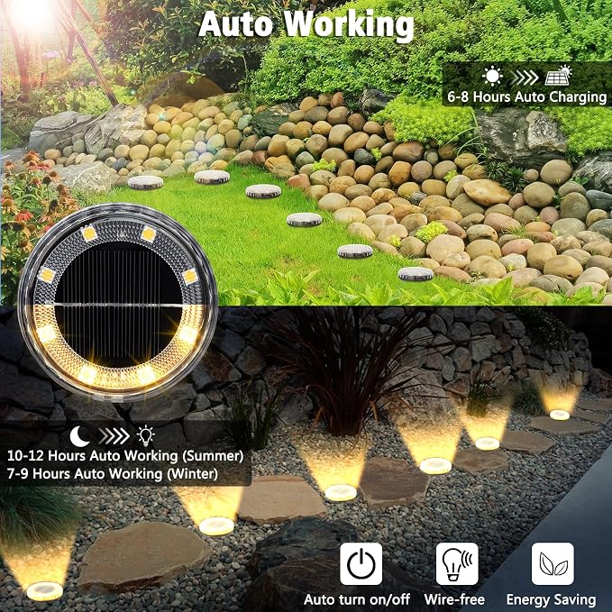 8 Pack Solar Ground Lights Outdoor, 8 LED Solar Disk Lights, IP65 Waterproof Long Lasting Flat Light for Garden Pathway Walkway Yard (Warm White)