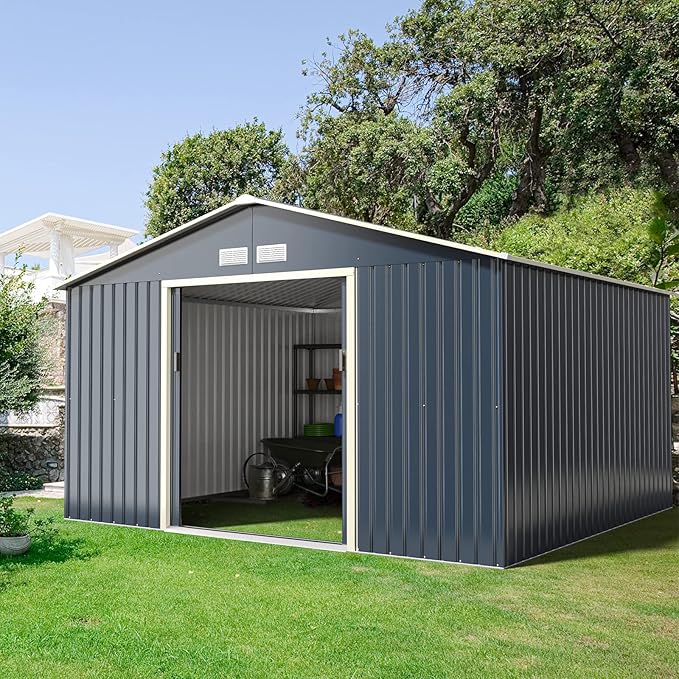 Goplus Storage Shed, Metal 11’ X 10’ Outdoor Building Organizer with 4 Vents & Double Sliding Door for Garden Backyard Farm (11'X10')