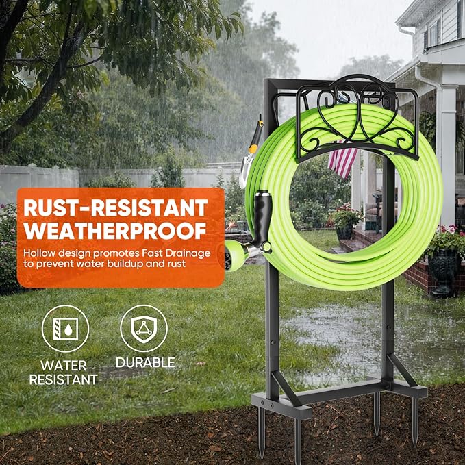 Garden Hose Holder with Tool Hooks and Stable Base, Heavy-Duty Garden Hose Storage Metal Hose Hanger Holds 160Ft, Rustproof Freestanding Water Hose Holder for Outside, Yard, Lawn, Farm, Black