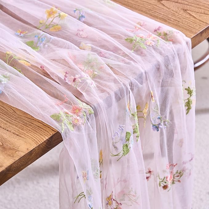 vctops 2 Packs Embroidery Lace Spring Table Runner 10ft Floral Garden Seasonal Tulle Table Runner Holiday Kitchen Dining Table Decoration for Wedding Party Baby Shower Birthday (Pink,30"x120")