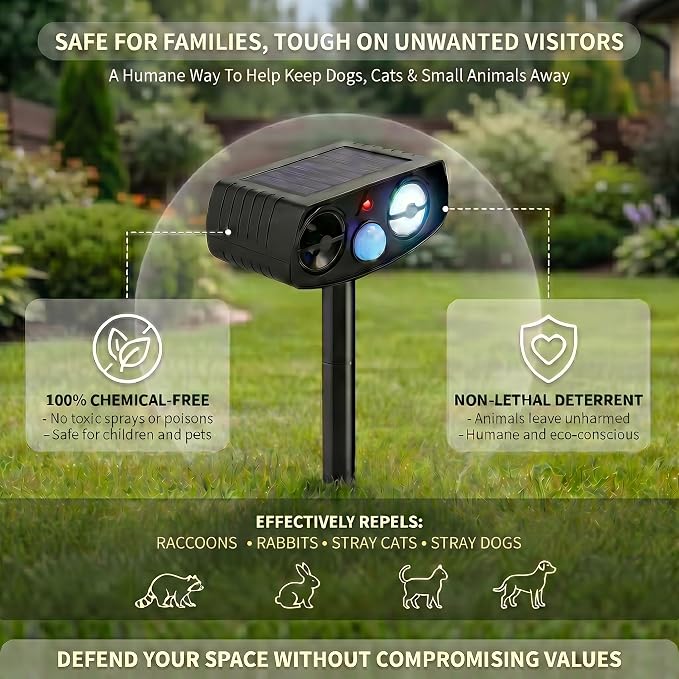 Solar Ultrasonic Animal Repeller Outdoor, Motion Sensor Waterproof Pest Deterrent, Raccoon Skunk Squirrel Rabbit Stray Dog Cat Repellent for Yard Garden Farm, 33ft 120° Coverage, 2 Pack Black