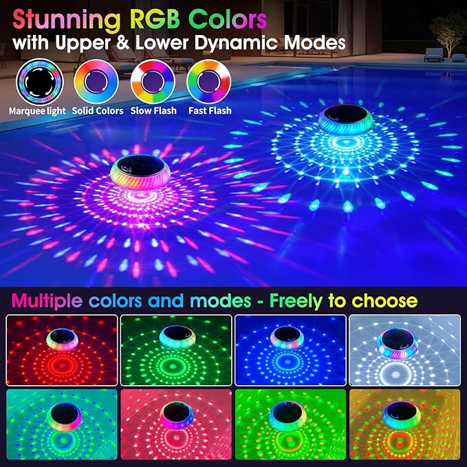 Goallim Floating Pool Lights Solar Powered, 7.6 Inch RGB Upper& Lower Color Changing Solar Pool Lights that Float with Dynamic Lighting Effects, IP68 Waterproof Swimming Pools Light for Party Decor(2)