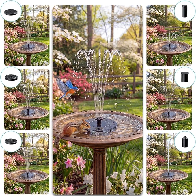 AMZtime Solar Fountain for Bird Bath, 1.4W Solar Fountain Pump 6 Nozzles, 2026 New Free Standing Solar Powered Water Pump for Outdoor, Garden, Fish Tank, Pond and Pool