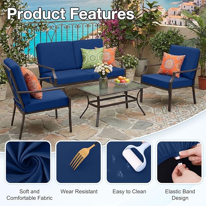 hyha Waterproof Outdoor Cushion Covers for Patio Furniture, Stretch Patio Chair Cushion Slipcovers, Coated UV Resistant Replacement Seat Covers, Solid Color (Navy, 8PC)