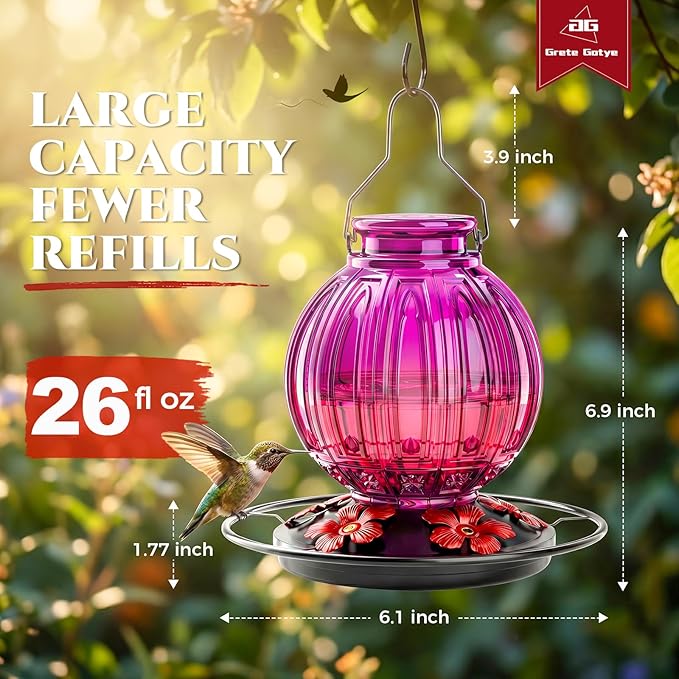 2 Pack Glass Hummingbird Feeder for Outdoors Hanging, Bird Nectar Feeder with Perch & 5 Flower Feeding Ports, 26 Oz Leak Proof for Outside Garden Decor Backyard, Gifts for Women Mom, Red + Purple Red