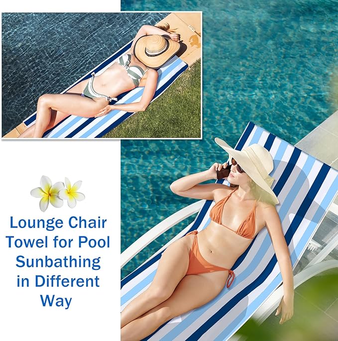 Fumete 2 Pack Lounge Chair Covers 30 x 85 Inch Pool Chaise Lounge Towels Microfiber Beach Chair Towel Portable Striped Outdoor Patio Furniture Cover for Sunbathing Picnic Spa(Blue and Dark Blue)