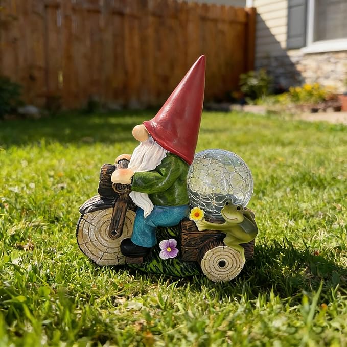 Solar Powered Garden Gnome on Motorcycle with Frog and Crackle Glass Globe, Outdoor LED Light Decor for Patio, Lawn, Yard, and Garden (Red)