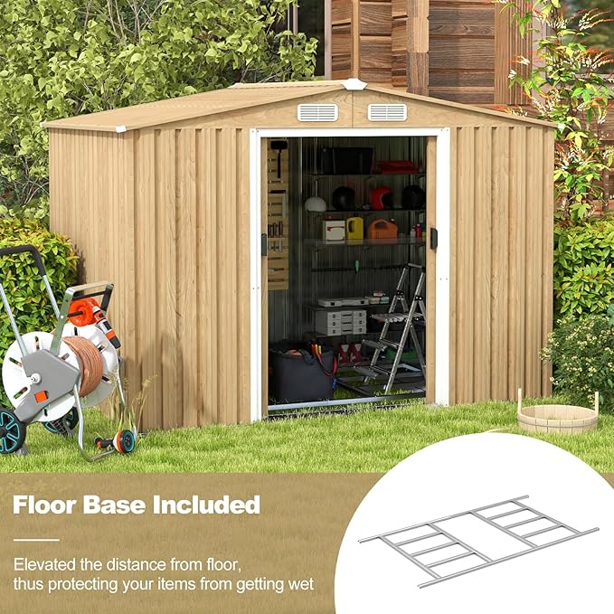 Goplus 8' x 6' Woodgrain Outdoor Storage Shed, Galvanized Metal Tool House Organizer w/Base Floor, 4 Vents, Lockable Doors, Waterproof Garden Sheds & Outdoor Storage for Backyard, Lawn, Patio
