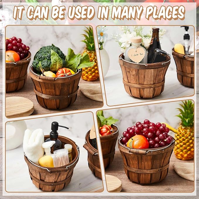 Tatuo 4 Pcs Round Wooden Apple Baskets Wood Fruit Buckets with Handle Fall Harvest Basket Portable Bushel for Market Vegetables Garden Home Party Supplies Easter Gifts (Dark Brown)