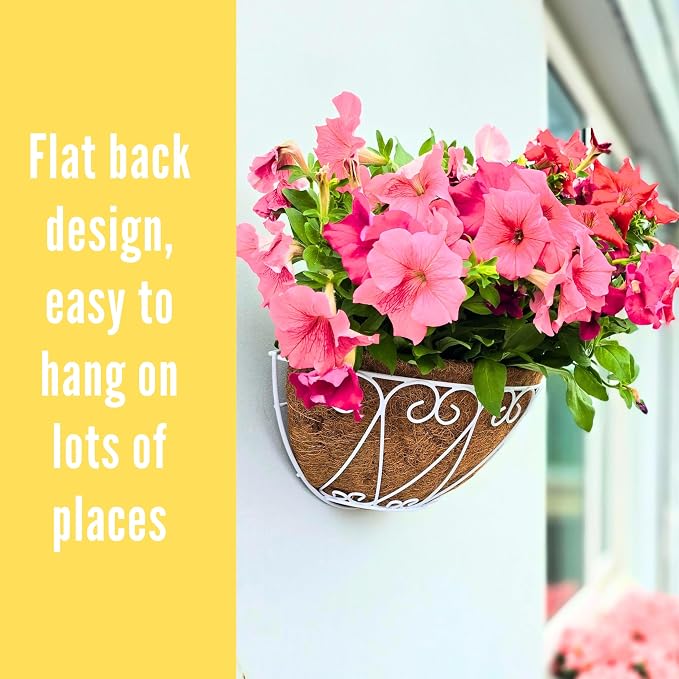 LaLaGreen Bundle- 10-Pack, 6 Inch White Metal Pot + 2-Pack, 12 Inch Hanging Basket with Coco Liner Semi-Circle Wall Mount Flower Holder Fence Railing Deck Balcony Patio Porch Outdoor Bucket with Hook