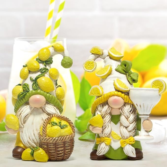 Hodao 2PCS Lemon Gnome Figurine Set - Lemon-Themed Gnome Indoor Home Decor for Summer - Small Decorative Gnomes for Kitchen, Living Room, or Shelf - Cute Ornament Set
