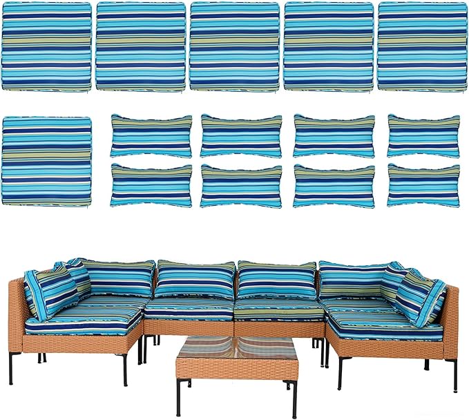 14 Piece Outdoor Patio Cushion Covers Replacement Waterproof with Zipper for 6-Seater Sectional Couch Chair Patio Furniture Conversation Sofa Seat Cushions Slipcovers Set, Only Cover