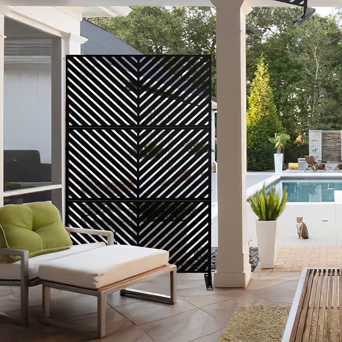 Casaphoria 72" H x 47" W Metal Outdoor Privacy Screen, Freestanding Decorative Divider for Patio, Deck, Balcony, and Garden with Stable Base, Black Parallel