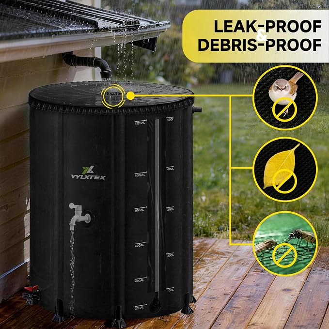 132 Gallon/500L Collapsible RainWater Collection Barrel,Water Tank&Reinforced with 2mm Frame Portable Rain Catcher,Includes Quick-Connect Tap&Sprinkler,Heavy Duty 0.6mm PVC for Long-Lasting Use,Black