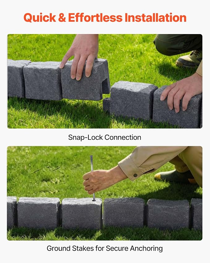 VEVOR Faux Stone Landscape Edging, 46.85" Kit, No Dig Garden Edging Border, Blocks for Lawn, Flower Beds, Yards, 1 Pack Each Section Has 6 Bricks 46.85" L x 3.94" W x 6.1" H, 3 Spikes, Sandstone Gray