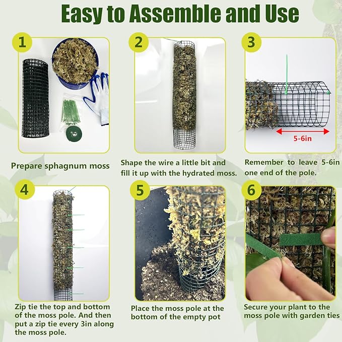 6 Pack Metal Moss Pole, 24" Moss Poles for Plants Monstera, Stackable Sphagnum Moss Pole for Plants Work with Sphagnum Moss(6 Pack 24")