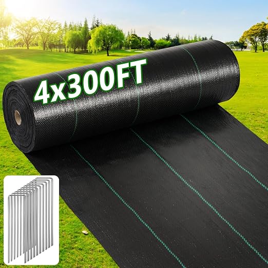 GOTGELIF 4ft×300ft Garden Weed Barrier Fabric, 3.2OZ Weed Blocker with 60 U-Shaped Nails, Ground Cover for Gravel, Driveway, Gardening, Flower Beds, Farming, Underlayment, Landscape