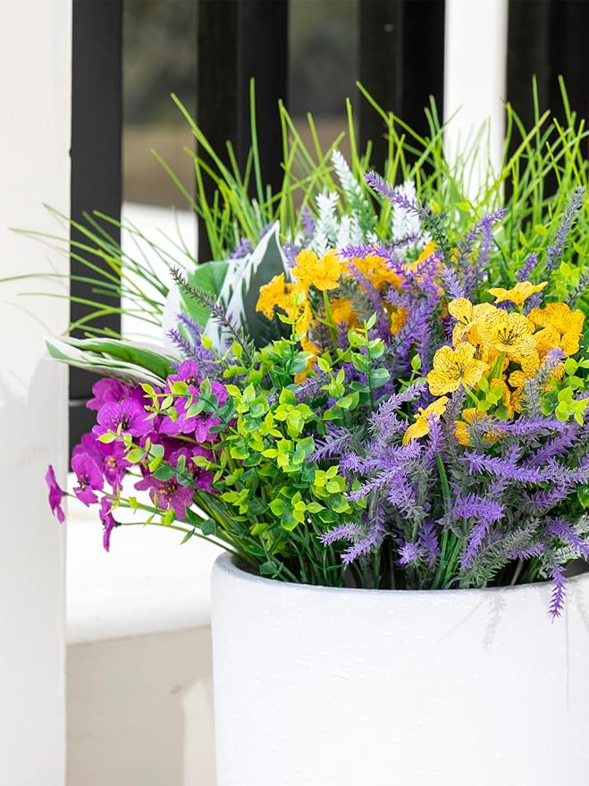Green Moon 25 Bundles Fake Plants Outdoor with Artificial Lavender Flower UV Resistant Faux Greenery Plants for Home Planter Garden Patio Front Porch Yard Decor