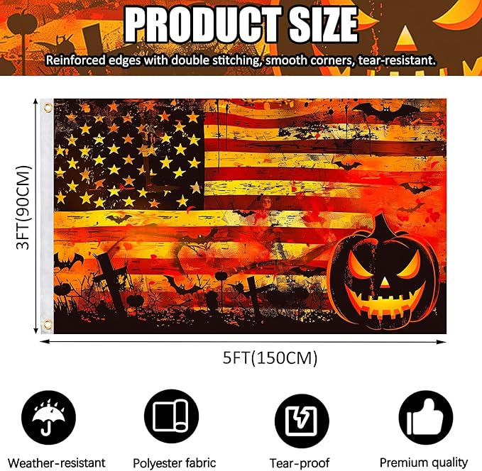 Double Sided Halloween Flag 5x3 FT with 2 Brass Grommets and 19.69ft Ribbon, Orange & Black Stripes Tapestry, Durable Outdoor Halloween Flags for Yard, Porch, or House Decorations