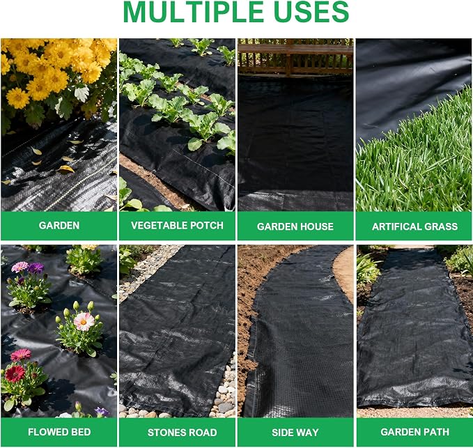 6ftx300ft Weed Barrier Landscape Fabric - 3.2oz Premium Heavy Duty Weed Block Ground Cover Mat with 90 U-Shaped Securing Pegs | Woven Geotextile Fabric for Weed Control Garden Cloth