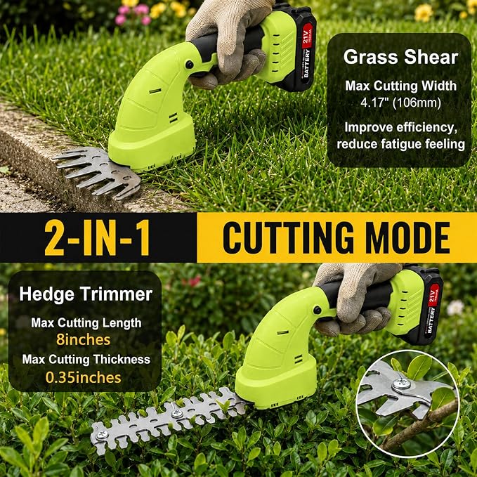 2-in-1 Cordless Hedge Trimmer & Grass Shear, 21V, Green | Lightweight Handheld, Small Yard Lawn Edging, Easy One-Hand Pruning for Women & Seniors, 2 Batteries & Charger Included
