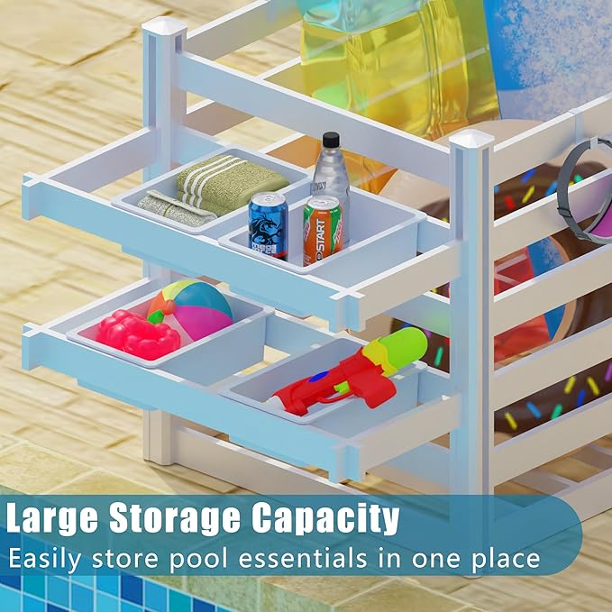 EUNHOO Pool Toy Storage Organizer, 64" L x 36" W x 39" H, Outdoor Deckbox with 4 Removable Towel Hooks & 2 Basket Rack (Basket not incl.) Waterproof Poolside Float Equipment Enclosure Bins Deck