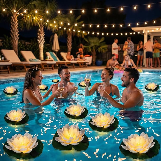 12 PCS Solar Floating Lotus Pool Lights - 7.09'' Waterproof Floating Flower with Light, Solar Water Activated Pool Lotus Lamp for Garden Pond Wedding Party Decoration (White)