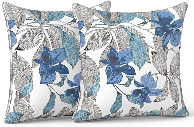 LVTXIII Outdoor Throw Pillows 20x20 Patio Waterproof Square Pillows with Piping Fade Resistant Accent Pillow for Spring Summer Garden Decoration, Set of 2, Clemens Noir Blue