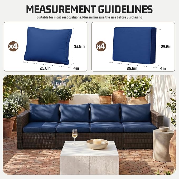 8pcs Outdoor Patio Cushion Covers Replacement, 25.6" Zippered Outdoor Cushion Covers Waterproof, UV Resistant & Washable Patio Furniture Cushion Covers Waterproof for Patio Sectional, Navy Blue