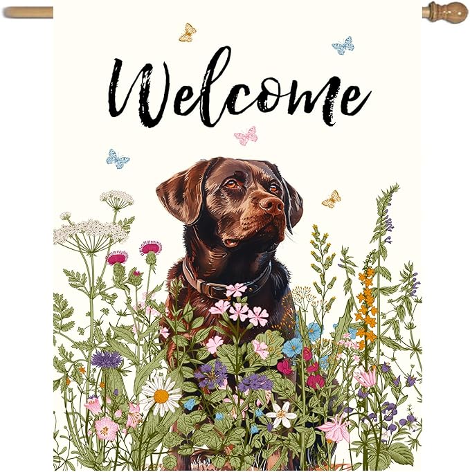 Floral Chocolate Lab Garden Flag Spring Summer House Flags 28 x 40 Double Sided Flower Labrador Dog Yard Flags for Outside Large Outdoor Welcome Flags