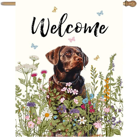 Floral Chocolate Lab Garden Flag Spring Summer House Flags 28 x 40 Double Sided Flower Labrador Dog Yard Flags for Outside Large Outdoor Welcome Flags