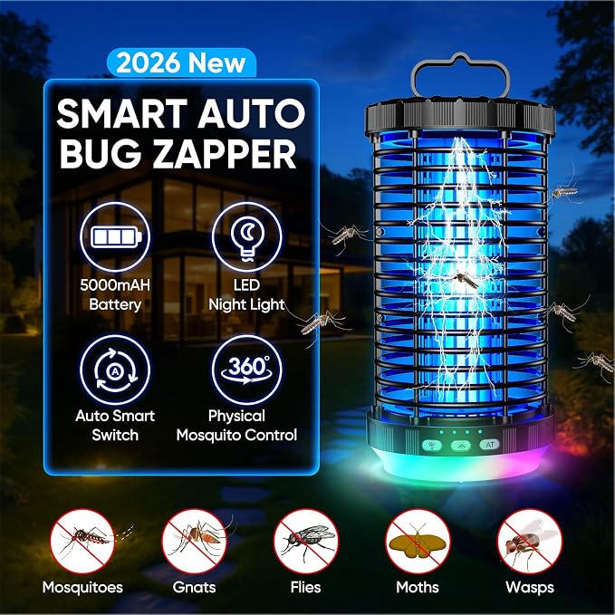 CreateFun Bug Zapper Outdoor, 2026 Upgraded 3 in 1 Rechargeable Bug Zapper with 5000mAh Battery & LED Night Light, 4000V Cordless Waterproof Mosquito Zapper for Outside,Patio,Backyard,Garden Black 0