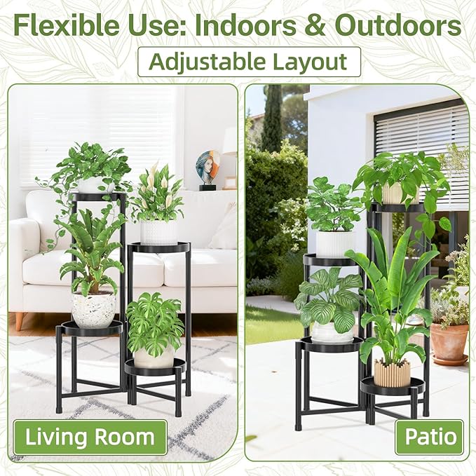 iDavosic.ly Plant Stand Indoor Outdoor, 4 Tier Corner Metal Flower Display Holder Shelf, Folding Tall Orchid Rack for Patio Balcony Porch Garden Living Room House, Black
