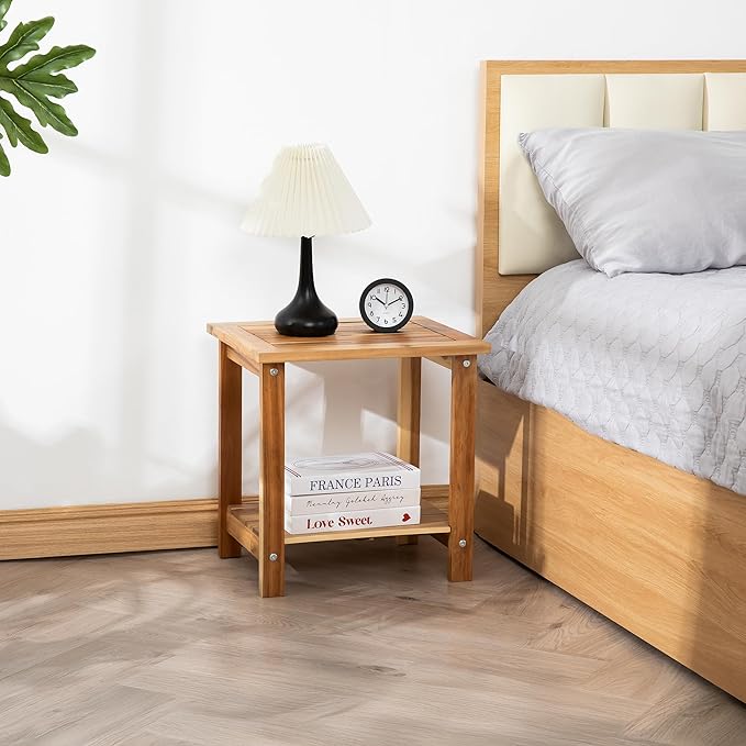 VICTORY RELAX Solid Acacia Wood Side Table with 2-Tier Storage, Weather-Resistant Outdoor Indoor End Table, Light Natural Rustic Color Night Stand