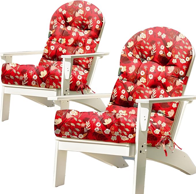 2Pcs Adirondack Chair Cushion Waterproof Indoor Outdoor Rocking Chair Cushion 44 Inches Patio High Back Chair Cushions Thickened Adirondack Rocking Chair Cushions with Ties, Red Peony