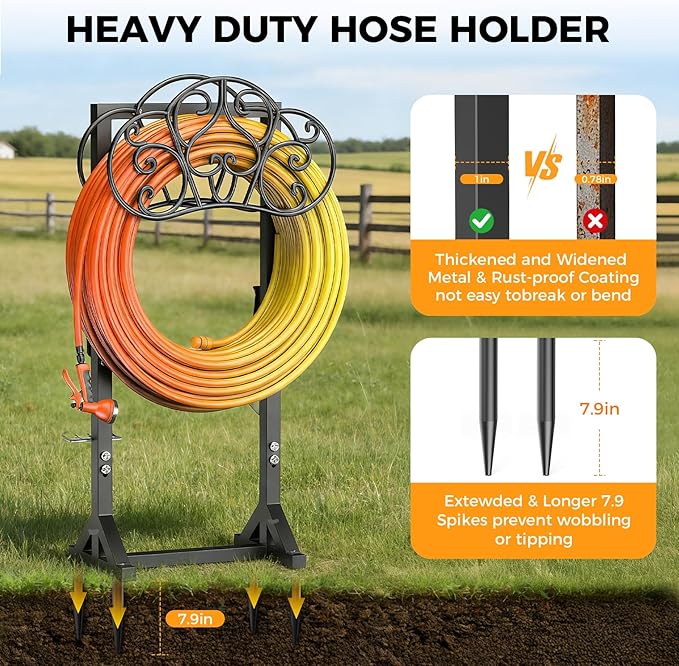 Garden Hose Holder Heavy-Duty Freestanding Water Hose Holder Holds 160Ft Hoses with 2 Tool Hooks, Rustproof Freestanding Hose Stand with 4 Spikes Hose Hanger Storage Rack for Outside, Yard, Lawn