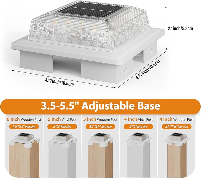 APONUO Solar Post Cap Lights, 3 Color Modes & 2 Brightness, Adjustable Base Fits 4x4 5x5 6x6 Posts (3.5-5.5 Inch), IP65 Waterproof, Deck & Fence Post Lights Solar Powered with Screws, White, 4 Pack