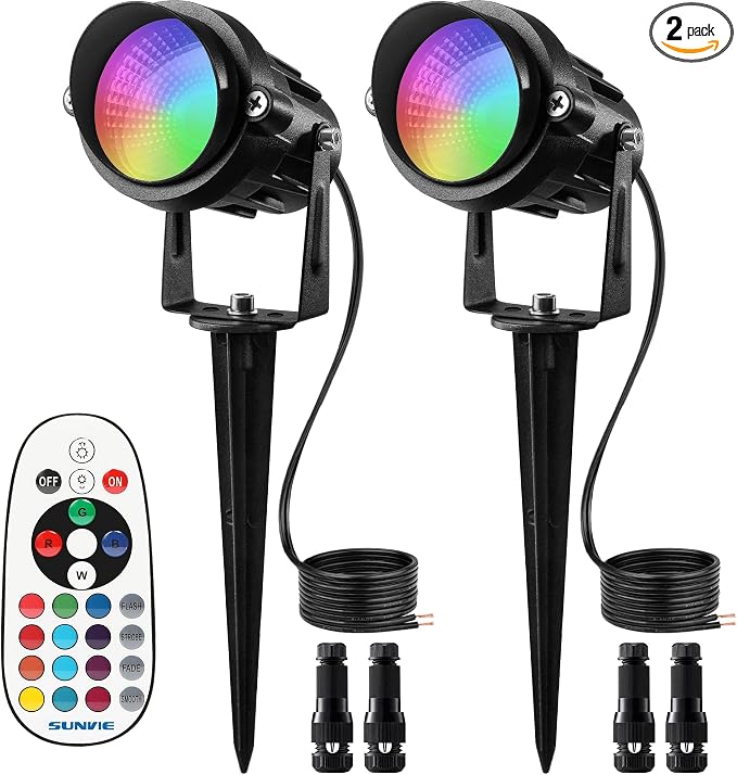 SUNVIE 12W RGB Low Voltage Color Changing Landscape Lights Remote Control Waterproof LED Landscape Lighting for Yard Garden Pathway Holiday Christmas Decorations Outdoor Indoor, 2 Pack with Connector