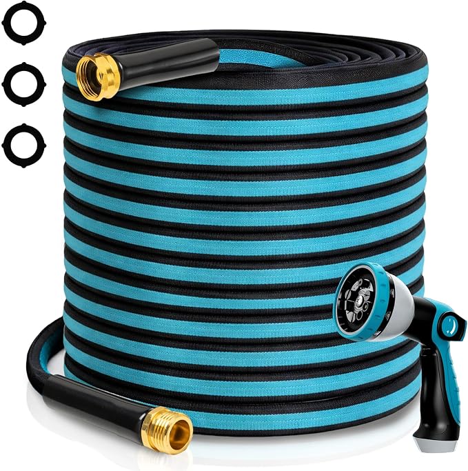 25FT Non-Expandable Garden Hose, Flexible Water Hose with Spray Nozzle, Kink-Resistant, Leakproof 3/4" Brass Connectors, Lightweight & Portable Water Pipe for Yard, Lawn Outdoor