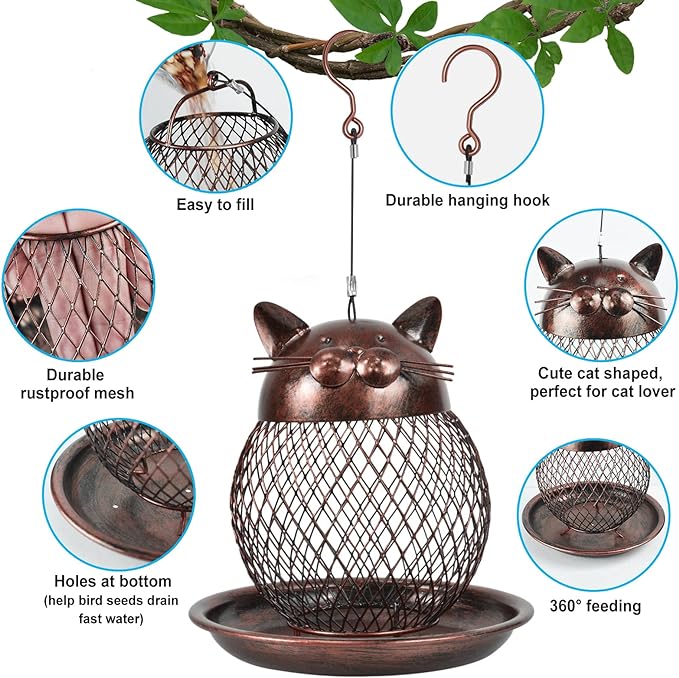 Outside Wild Bird Feeder, Heavy Duty Metal Frame Outdoor Bird Feeders Hanging for Garden Yard Decoration, Cute Cat Shaped