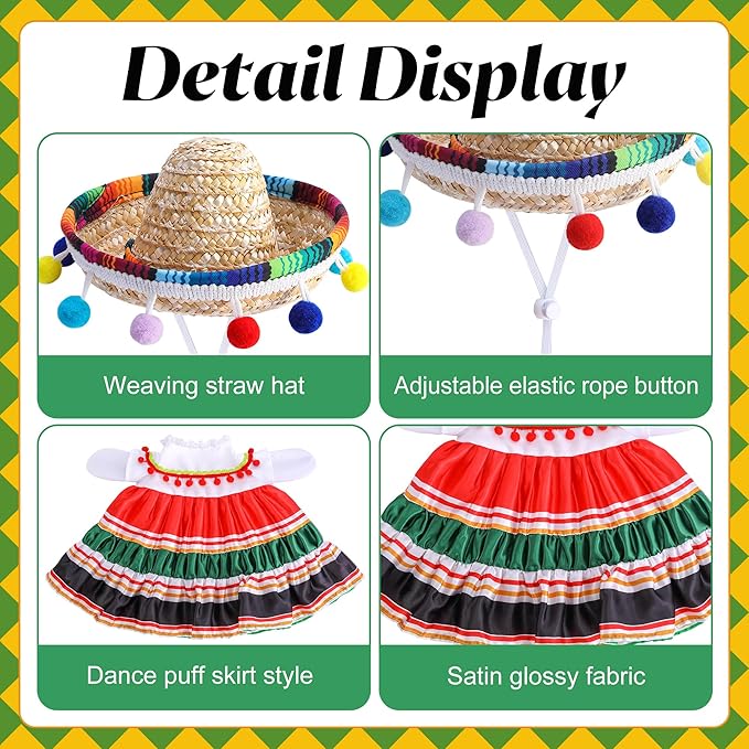 Watayo 2 Pcs/Set Mexican Porch Goose Outfits, Lawn Goose Clothing Costume for Cinco De Mayo, Garden Goose Clothes Striped Dress Mexican Sombrero for 23" High Statue Outdoor Patio Yard Decor (A Style)