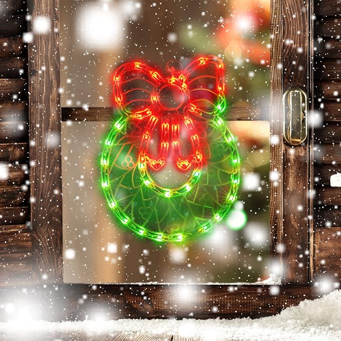 Christmas Window Silhouette Lights, Lighted Wreath Double Sided Decorations with 50 Count Incandescent Mini Light, for Holiday Indoor Wall Door Glass Decor