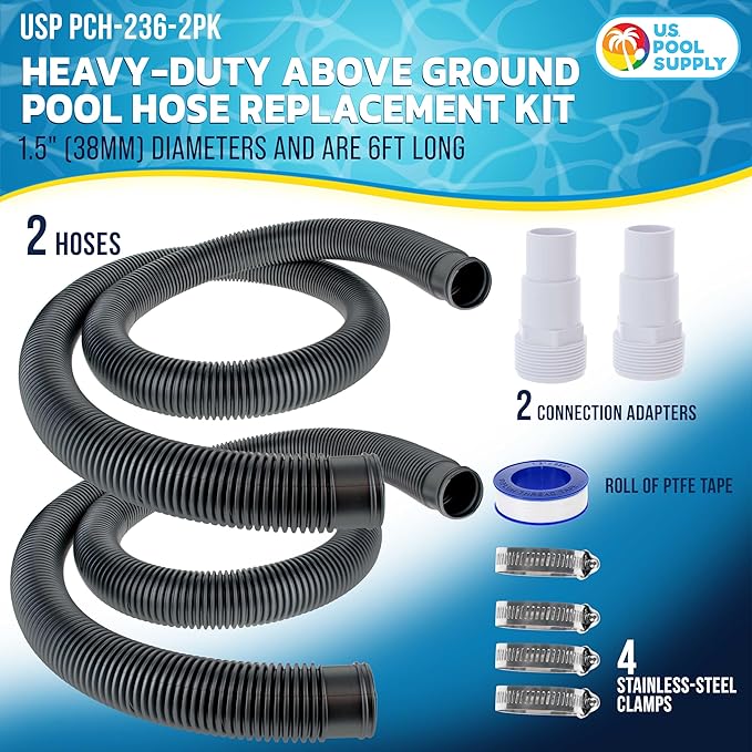 U.S. Pool Supply 1.5" Heavy-Duty Above Ground Pool Hose Replacement Kit - 2 Silver 6 Foot Hoses, 2 Connection Adapters, 4 Clamps - Compatible with Intex Filter Pumps